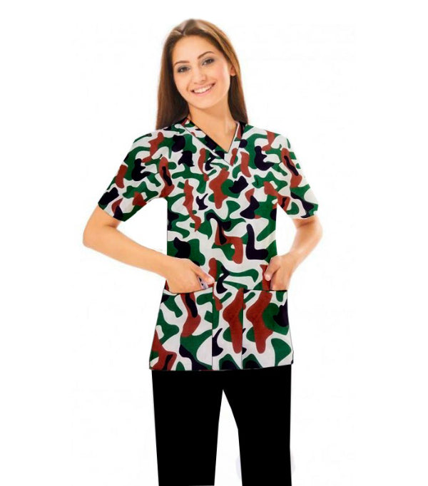 Camouflage Print Scrub Top V Neck 2 Pocket Half Sleeve in Poplin Fabric 35% Cotton 65% Polyester