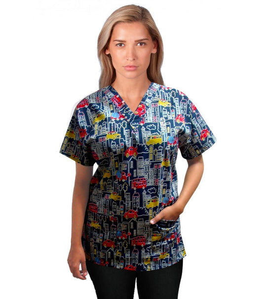 Building and Bus Print Scrub Top V Neck 2 Pocket Half Sleeve in Poplin Fabric 35% Cotton 65% Polyester