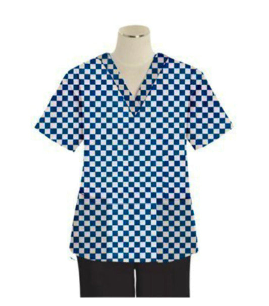 Blue Square Print Scrub Top V Neck 2 Pocket Half Sleeve in Poplin Fabric 35% Cotton 65% Polyester