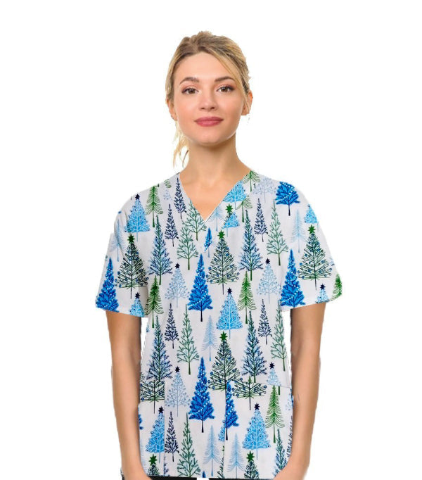 Christmas Tree Printed Scrub Top V-Neck 2 Pockets Half Sleeves - Poplin Fabric 35% Cotton, 65% Polyester