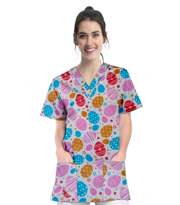 Celebration Print Scrub Top V Neck 2 Pocket Half Sleeve in Poplin Fabric 35% Cotton 65% Polyester