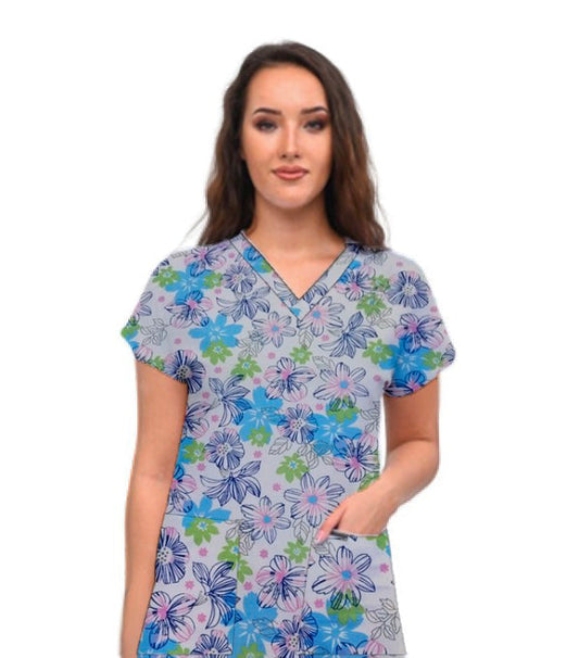Blue and Green Flowers Print Scrub Top V Neck 2 Pocket Half Sleeve in Poplin Fabric 35% Cotton 65% Polyester