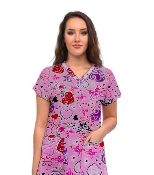 Hearts and Butterflies Print Scrub Top V Neck 2 Pocket Half Sleeve in Poplin Fabric 35% Cotton 65% Polyester