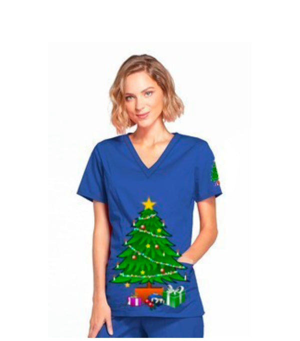 Christmas Print Scrub Top V Neck 2 Pocket Half Sleeve in Poplin Fabric