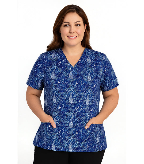 Blue with Pink Classical print Top v neck 2 pocket half sleeves in Poplin Fabric 35% Cotton 65% Polyester