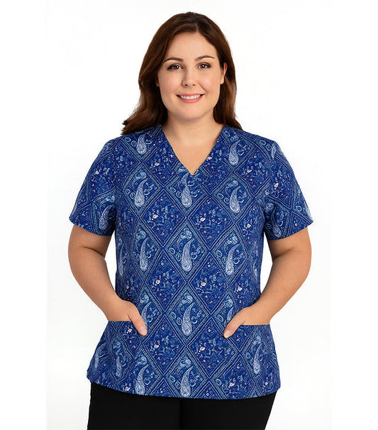 Blue with Pink Classical print Top v neck 2 pocket half sleeves in Poplin Fabric 35% Cotton 65% Polyester