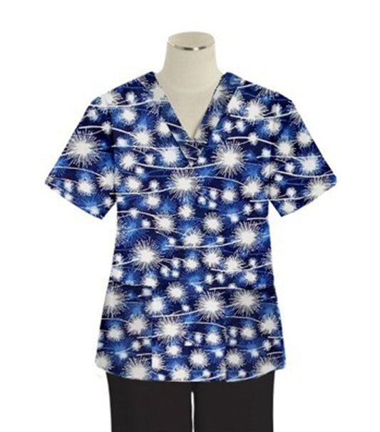 Blue Fire Work print Top v neck 2 pocket half sleeves in Poplin Fabric 35% Cotton 65% Polyester