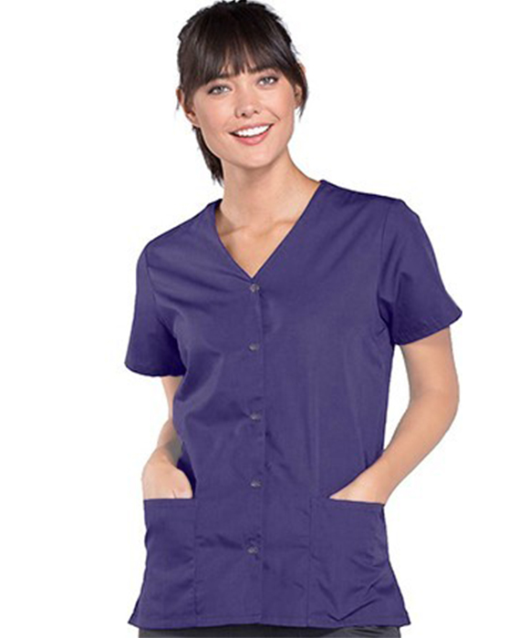 Scrub Top 2 Pocket Solid Front Open V-neck With Snap Buttons Half Sleeve Ladies