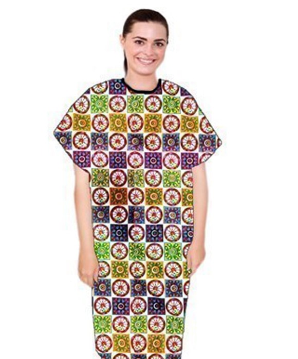 Patient Gown Half Sleeve Printed Back Open Red Wheel Print
