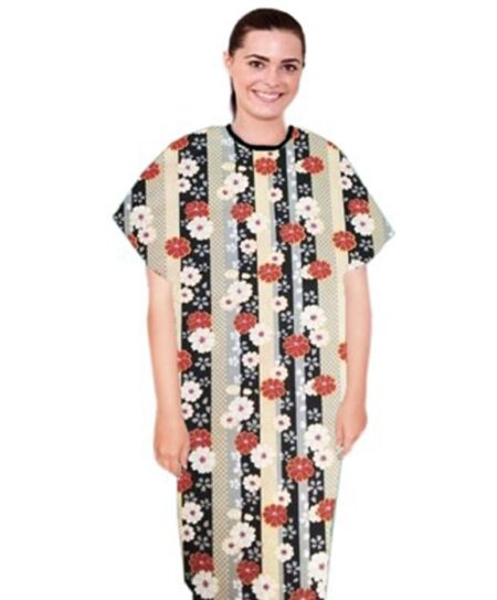 Patient Gown Half Sleeve Printed Back Open Red and Beige Flowers